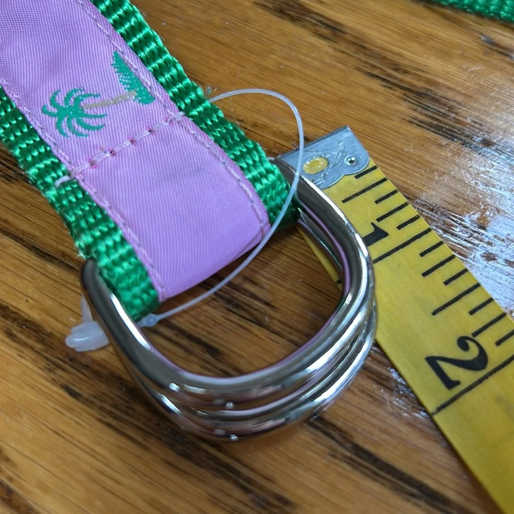 Leather Man webbing belt, green with pink ribbon, palm trees.  Size Large.